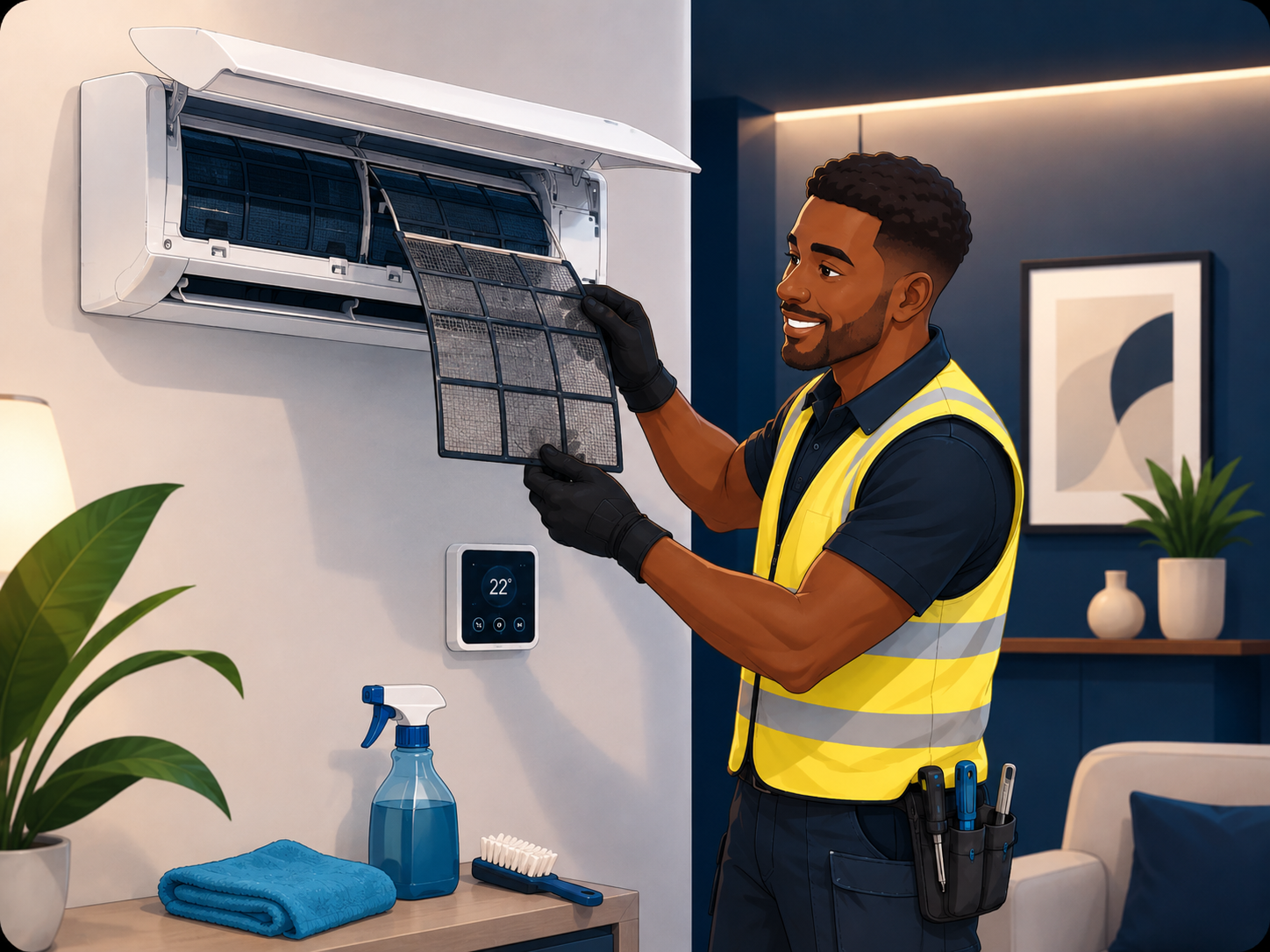 Indoor air conditioning filter being cleaned