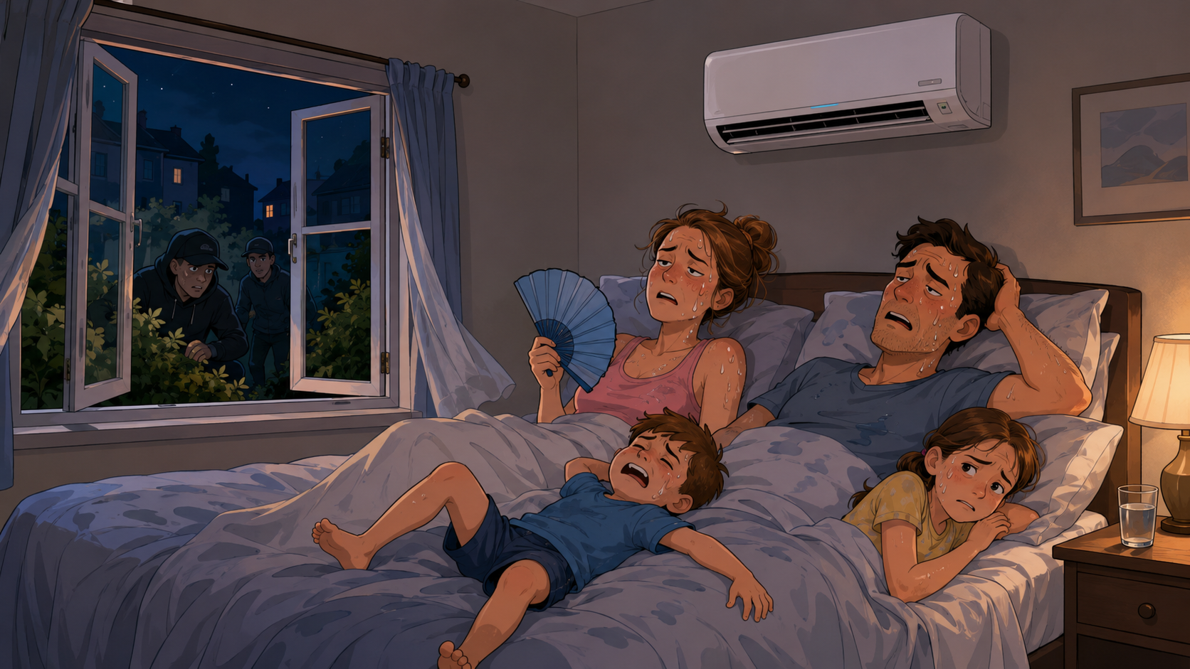Family struggling to sleep indoors during a hot UK night with an air conditioning unit visible