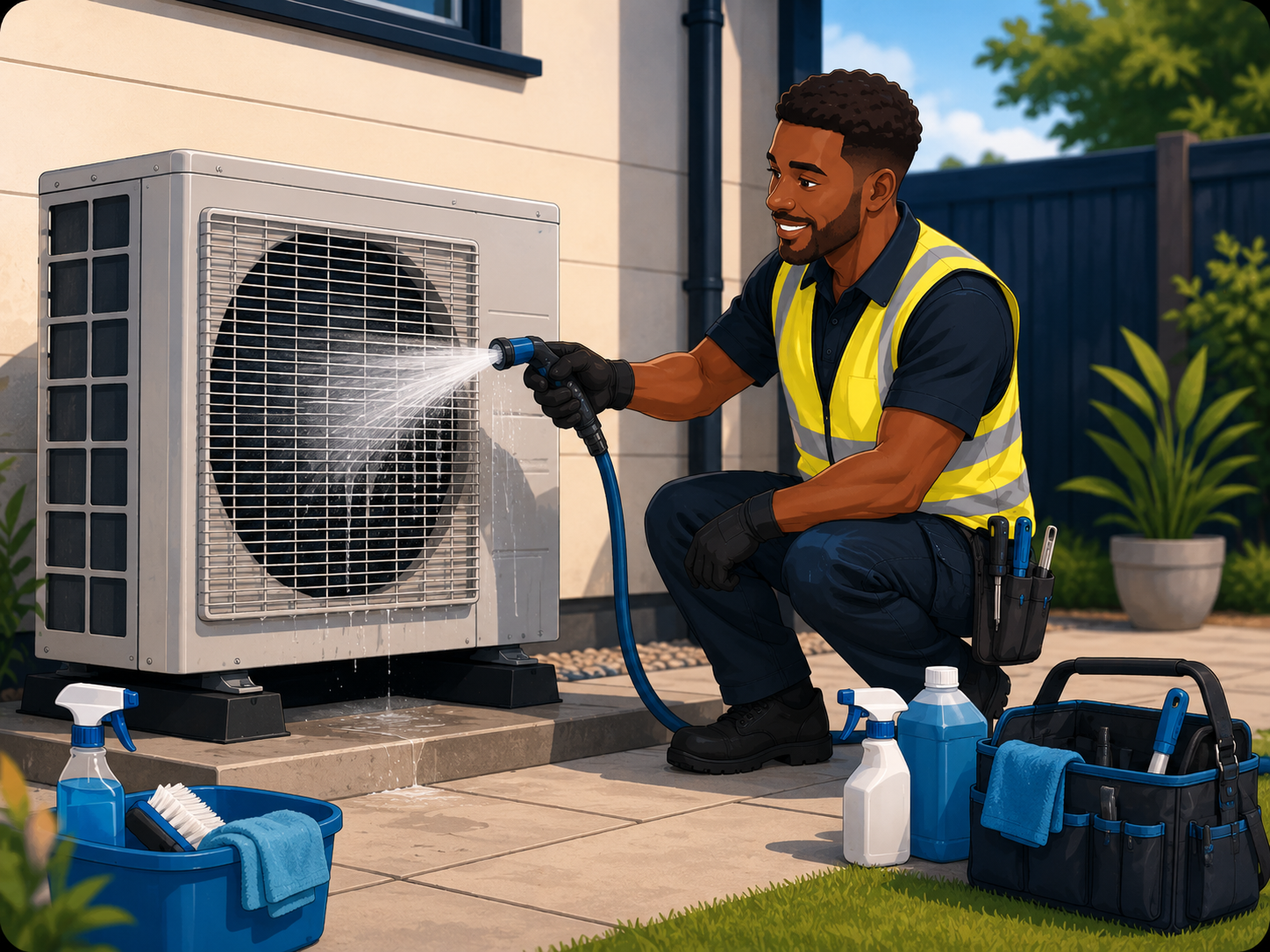 Outdoor air conditioning condenser being cleaned